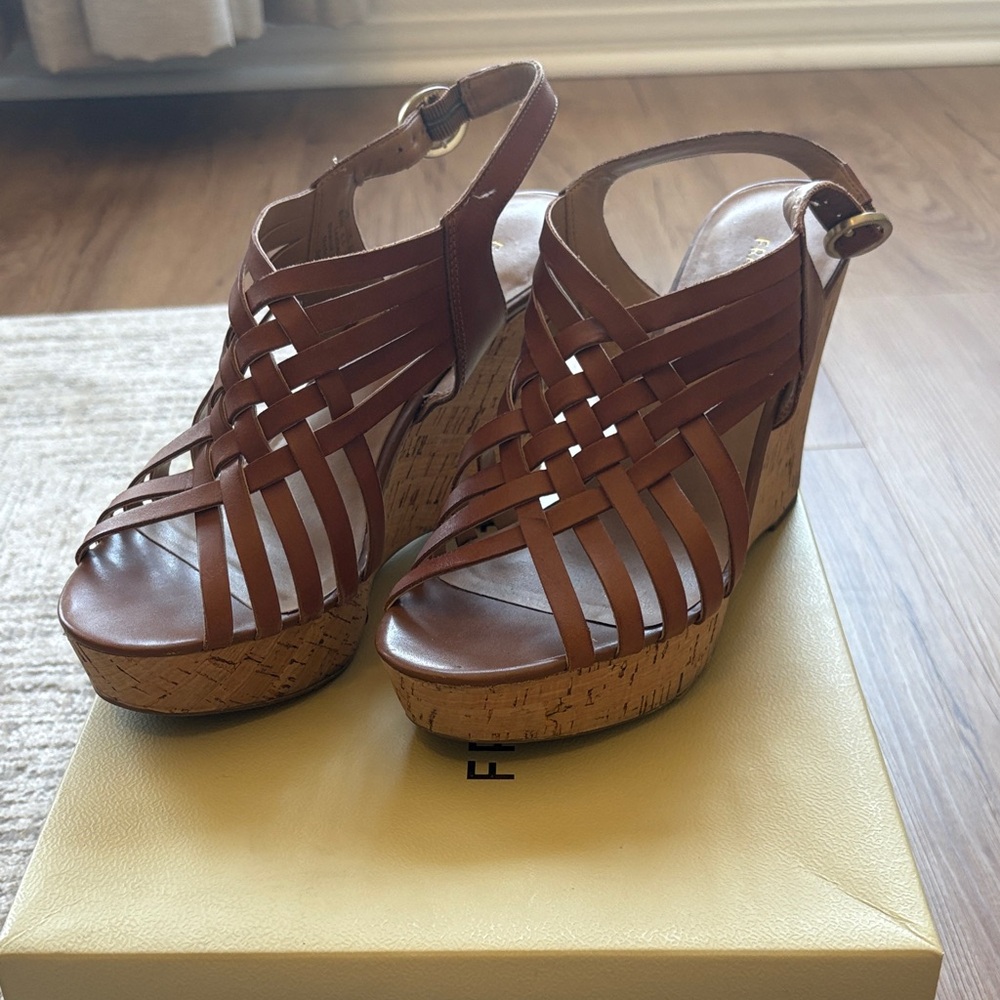 Franco Sarto Cognac Wedge Sandals – Size 8.5 – Strappy Cork Heel